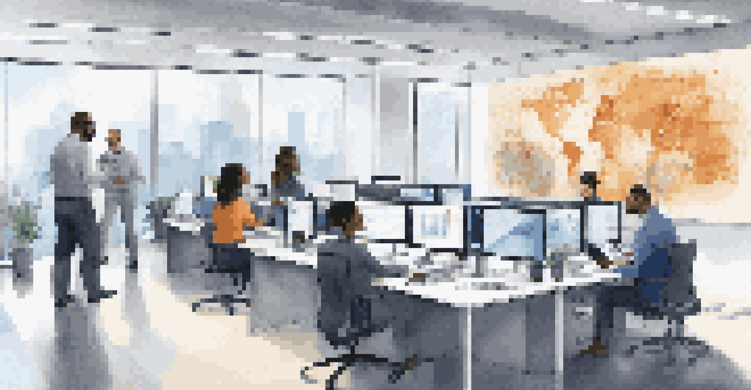 A diverse group of professionals working together in a modern office, discussing quantum security standards with high-tech equipment around them.