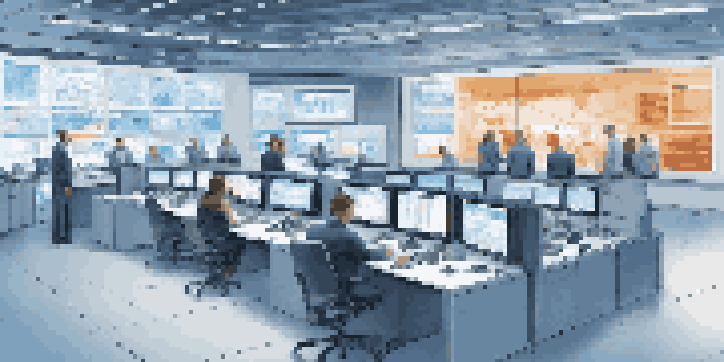 A modern supply chain control room with professionals analyzing real-time data on digital screens.
