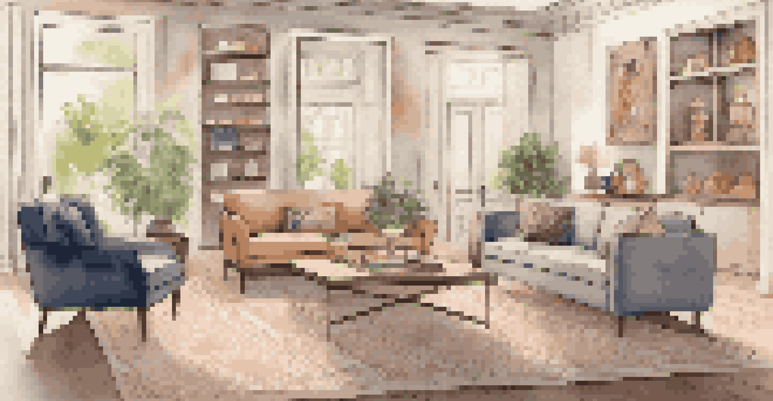 A customer using augmented reality on a smartphone to visualize furniture in a stylish living room.