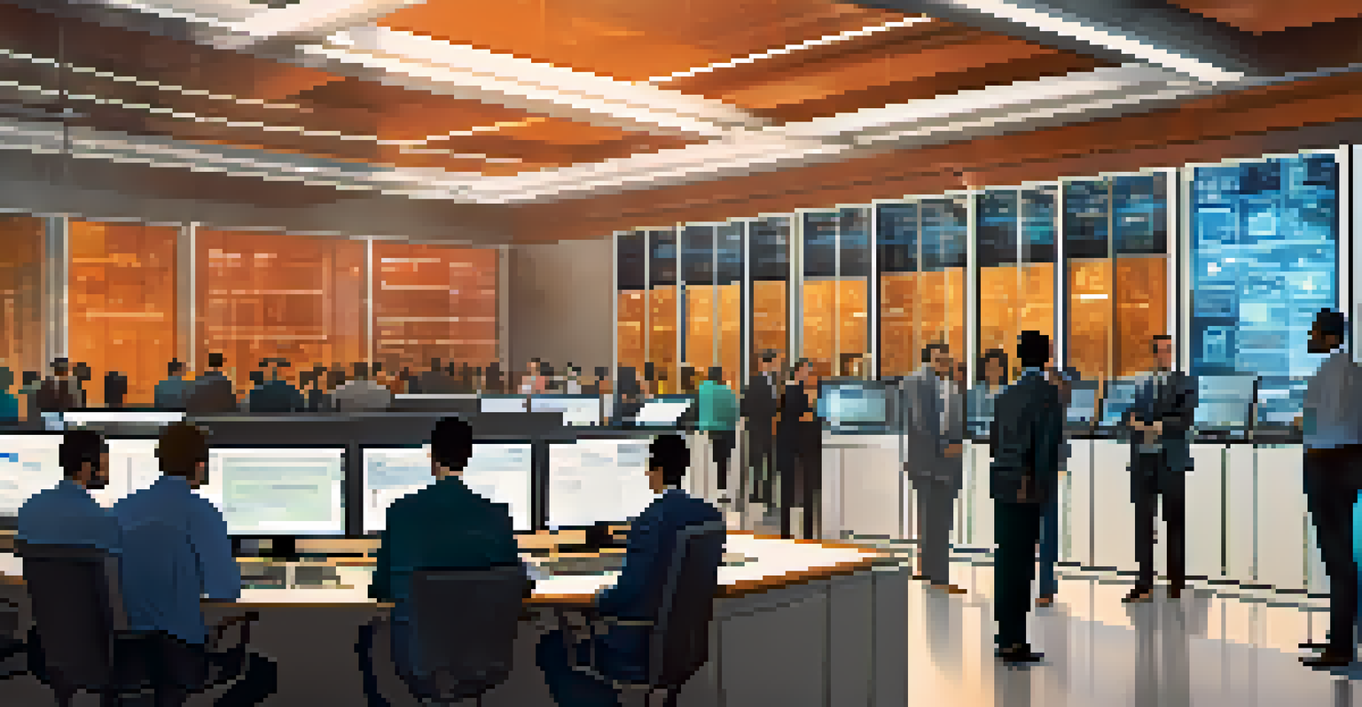 A data center with IT professionals discussing identity and access management, with bright screens showing authentication processes.
