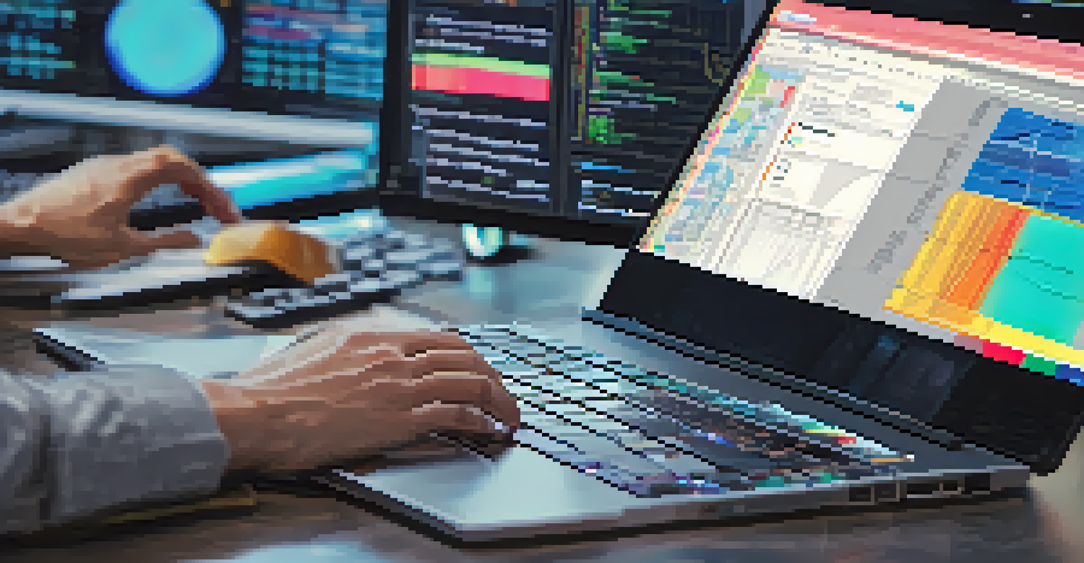 A close-up of a developer's hands typing on a laptop, with multiple screens showing code and graphs in the background, highlighting a focused work environment.