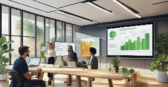 A diverse group of professionals in a modern office discussing chatbot analytics on a large screen, with motivational posters and plants in the background.