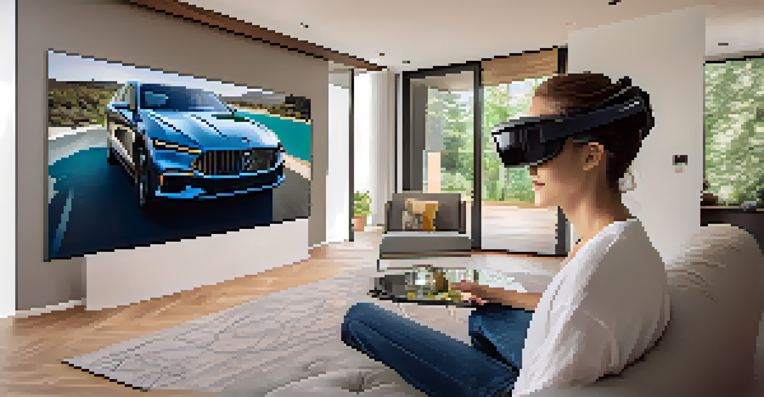 A person in a cozy living room using AR for a virtual test drive of a luxury car.