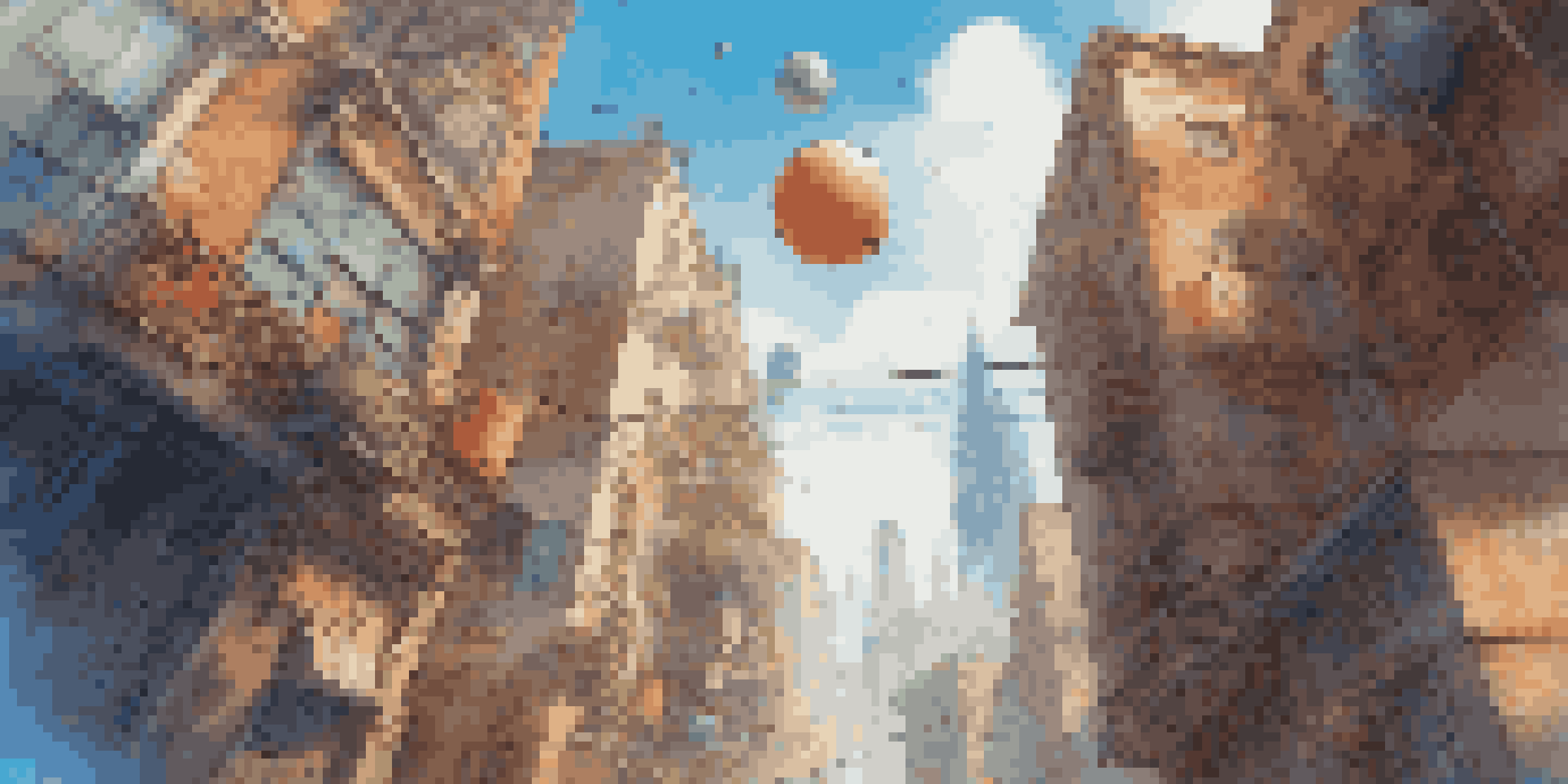 A character jumping in a video game environment, interacting with floating objects against a vibrant cityscape background.