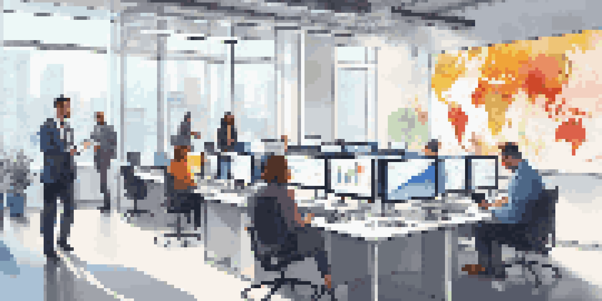A modern office setting where diverse professionals are collaborating on augmented analytics with colorful data visualizations on large screens.