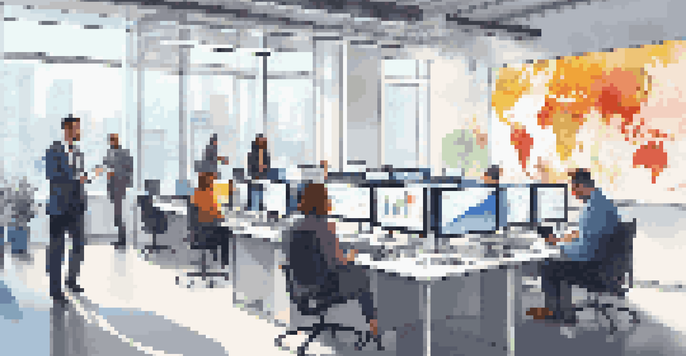 A modern office setting where diverse professionals are collaborating on augmented analytics with colorful data visualizations on large screens.