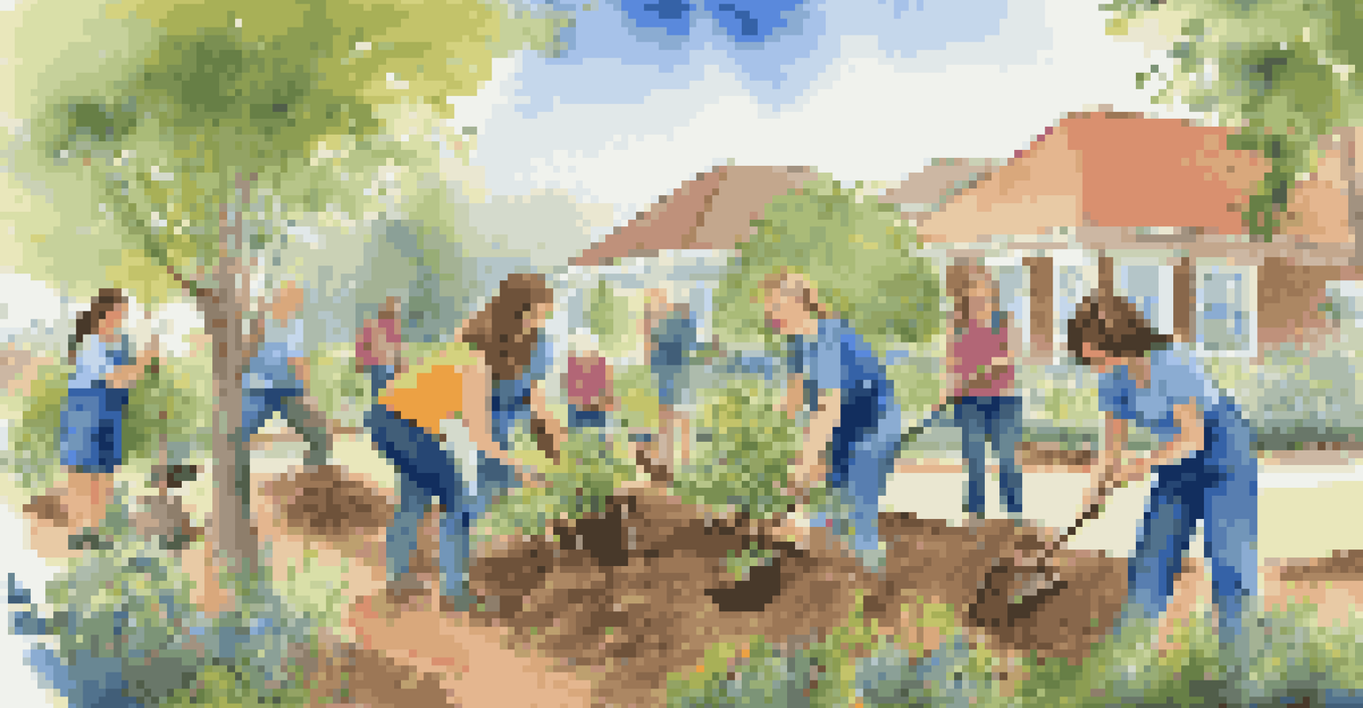 Volunteers planting trees and engaging with the community at an outdoor event, surrounded by nature and smiling faces.