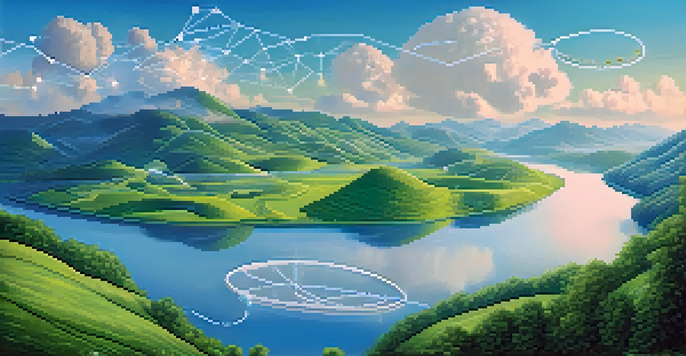 A tranquil landscape showcasing a modern microservices architecture with digital nodes connecting in a vibrant blue sky above green hills and a flowing river.