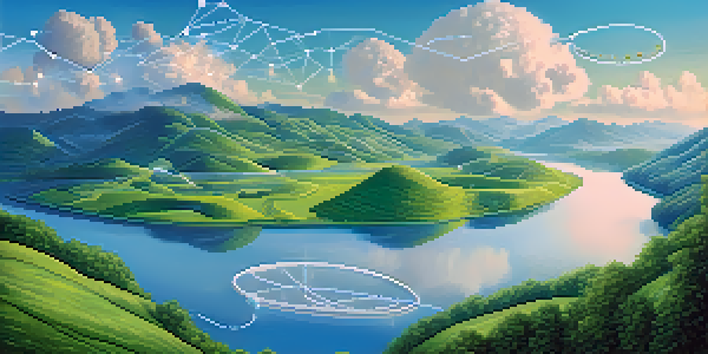 A tranquil landscape showcasing a modern microservices architecture with digital nodes connecting in a vibrant blue sky above green hills and a flowing river.