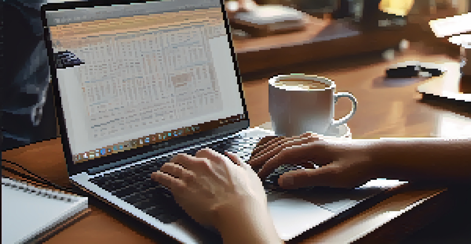 Hands typing on a laptop with a digital interface on the screen, in a warm workspace.