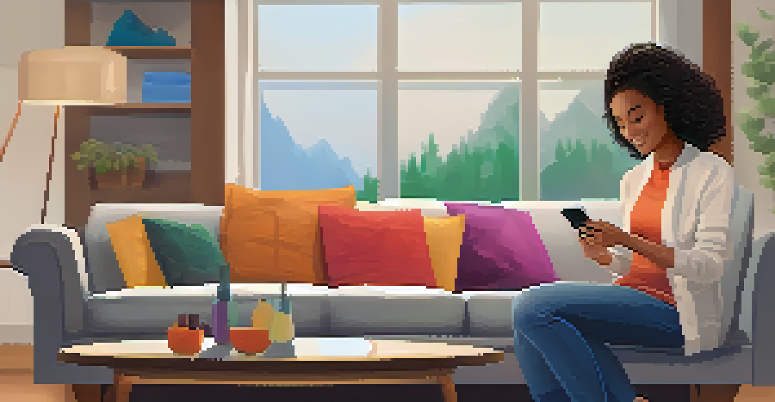 A close-up of a person using a mobile phone to test an app, with a cozy living room in the background, showcasing a relaxed user experience.