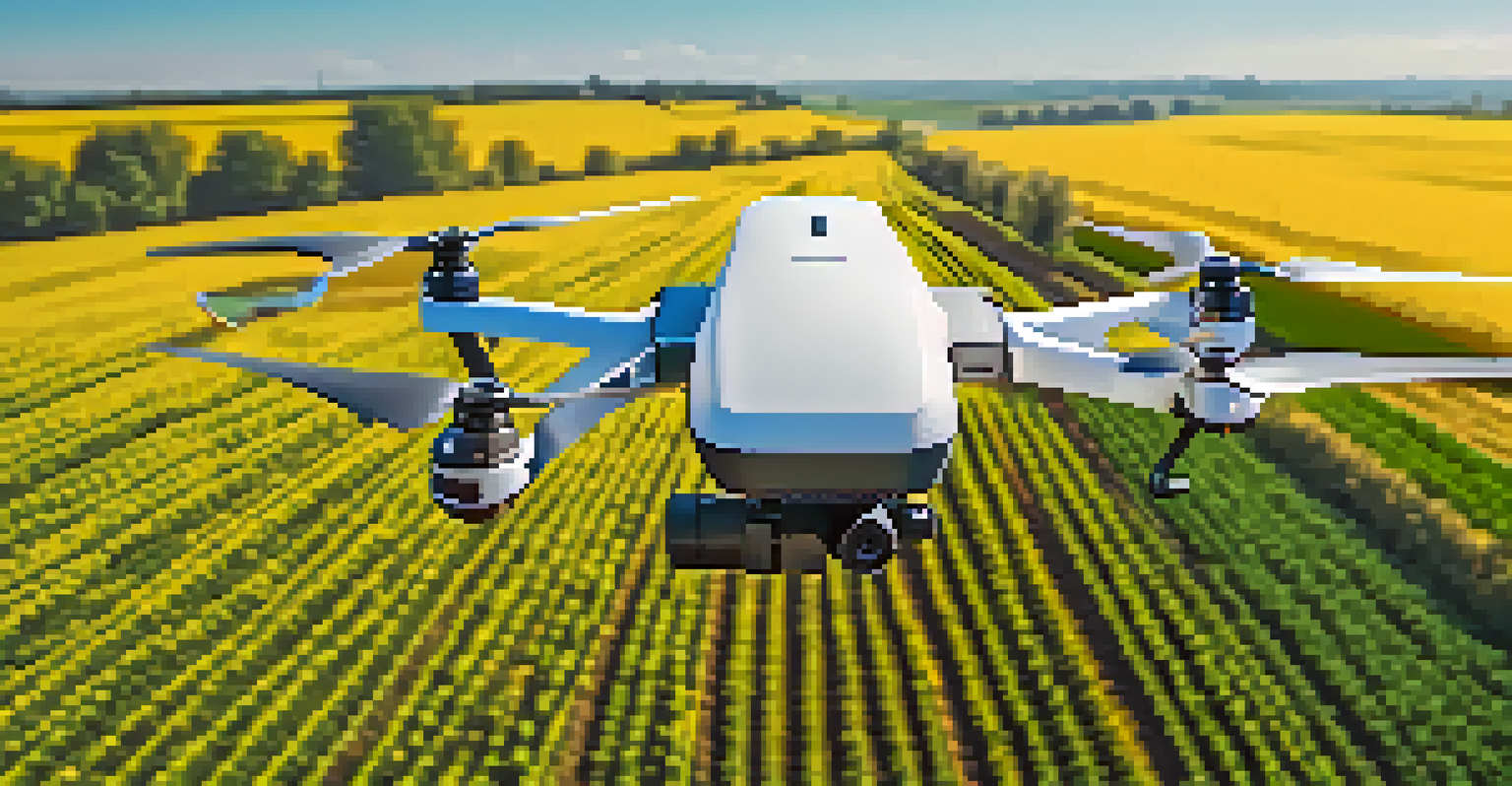 An autonomous drone flying over a green agricultural field, capturing data about crop health with a clear blue sky above.
