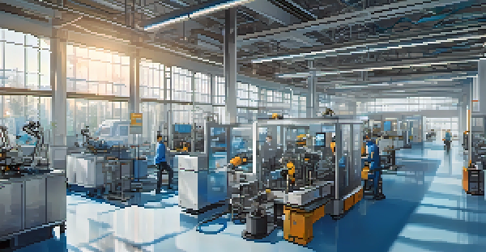 A modern manufacturing facility with machines and robotic arms working together, showcasing real-time data analytics.