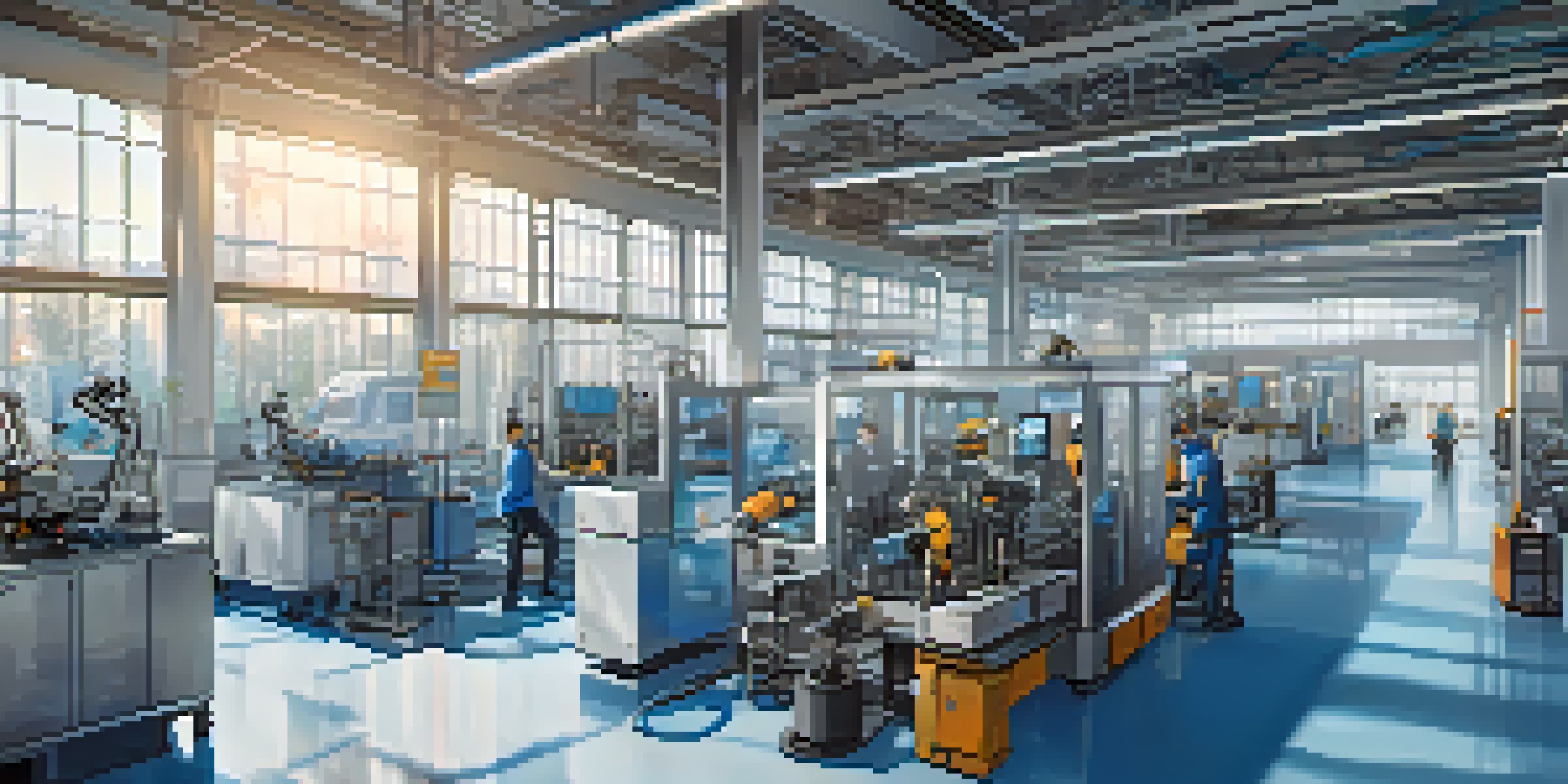 A modern manufacturing facility with machines and robotic arms working together, showcasing real-time data analytics.