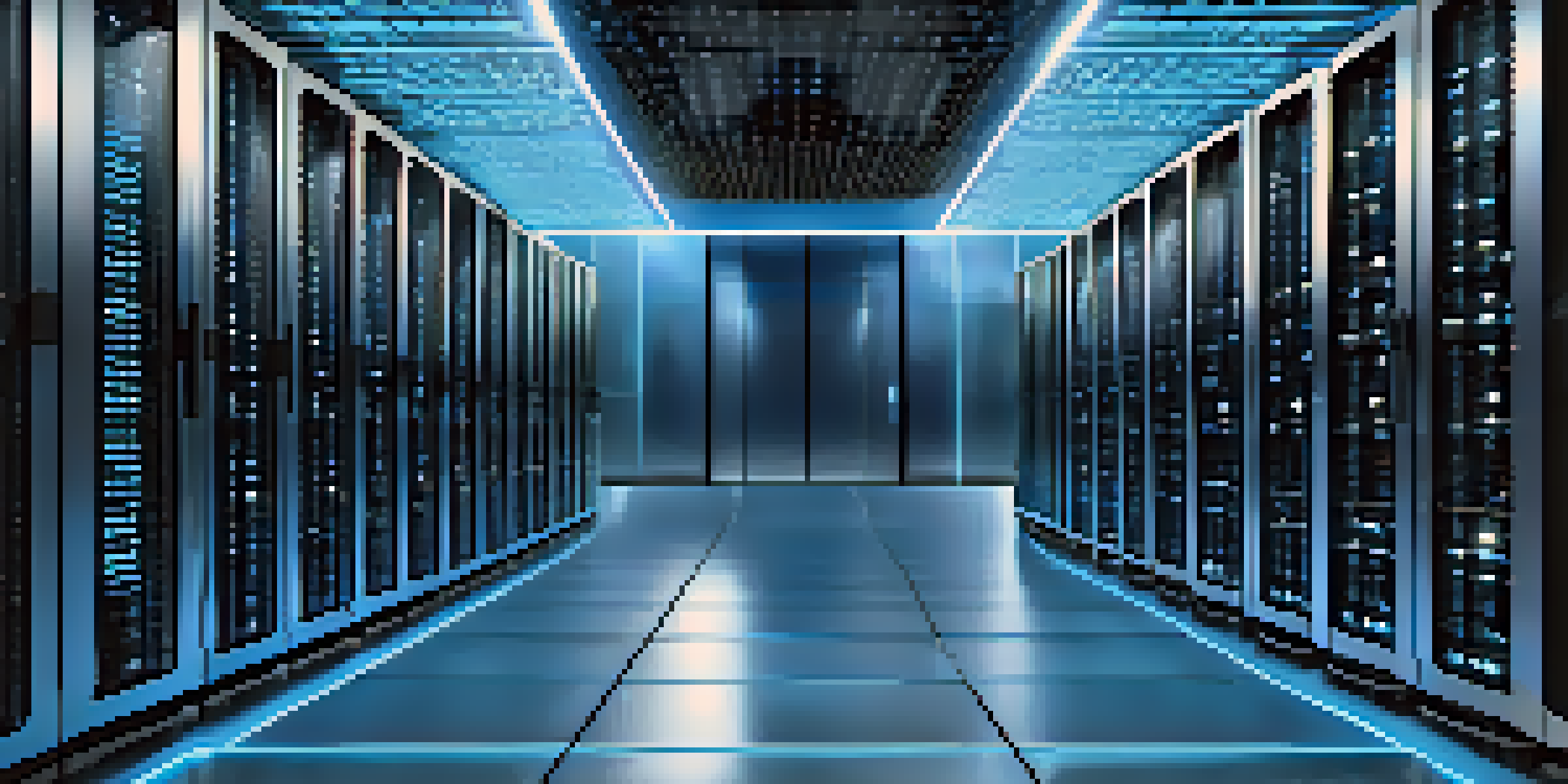 A modern data center with rows of illuminated servers and cables, showcasing a high-tech environment.