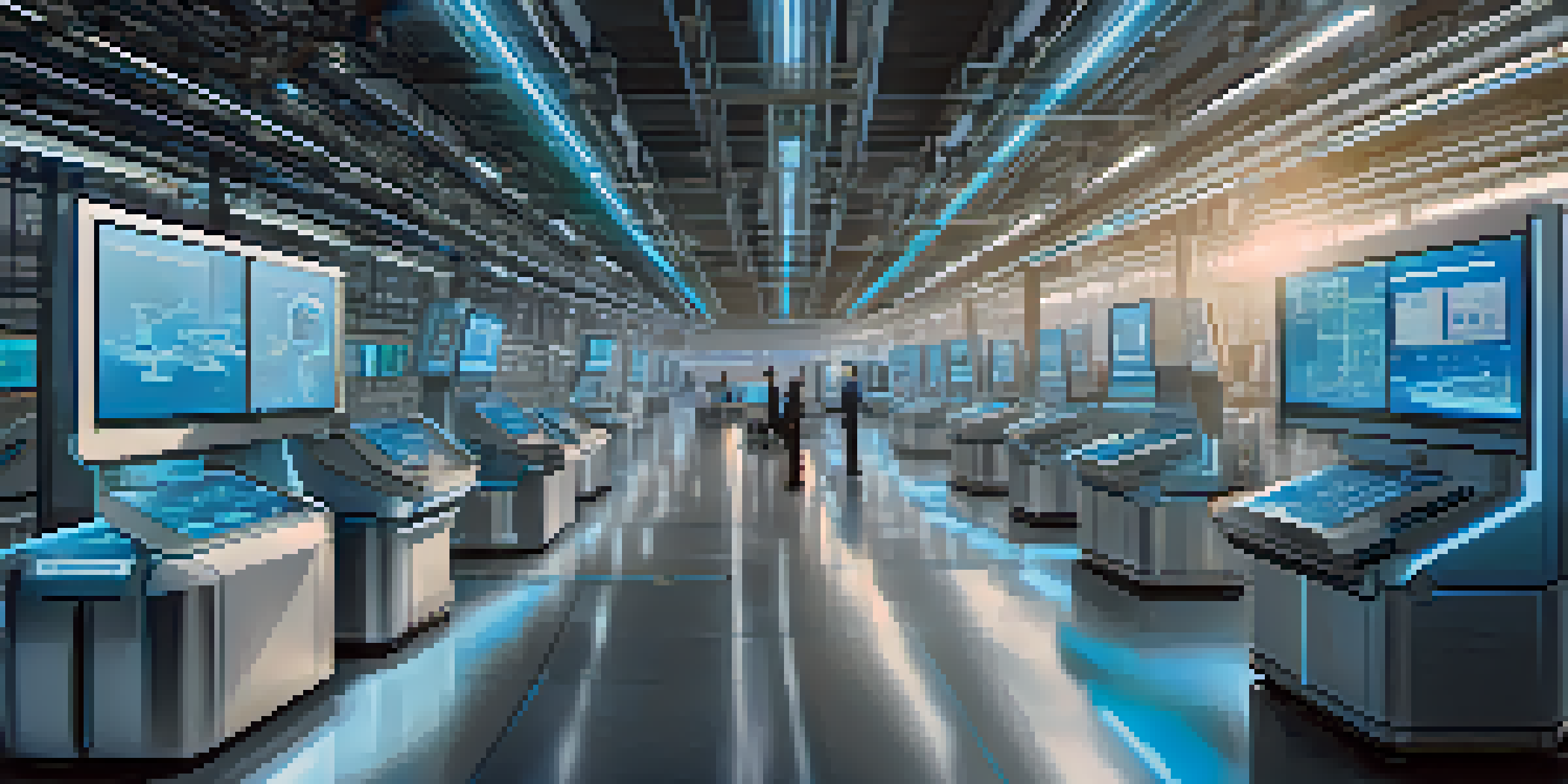 A futuristic smart factory interior with interconnected machines and robotic arms, illuminated by bright LED lights and displaying real-time data.