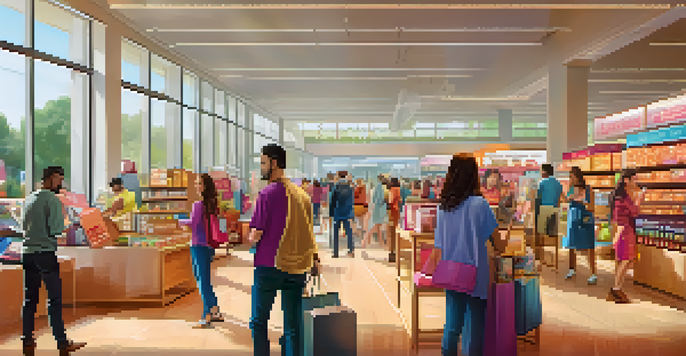 A diverse group of people engaged in online shopping using smartphones and laptops in a modern room with natural light.