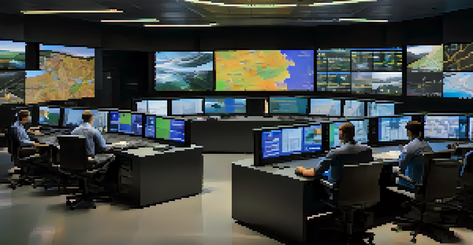 A command center with operators monitoring an emergency incident using multiple screens.