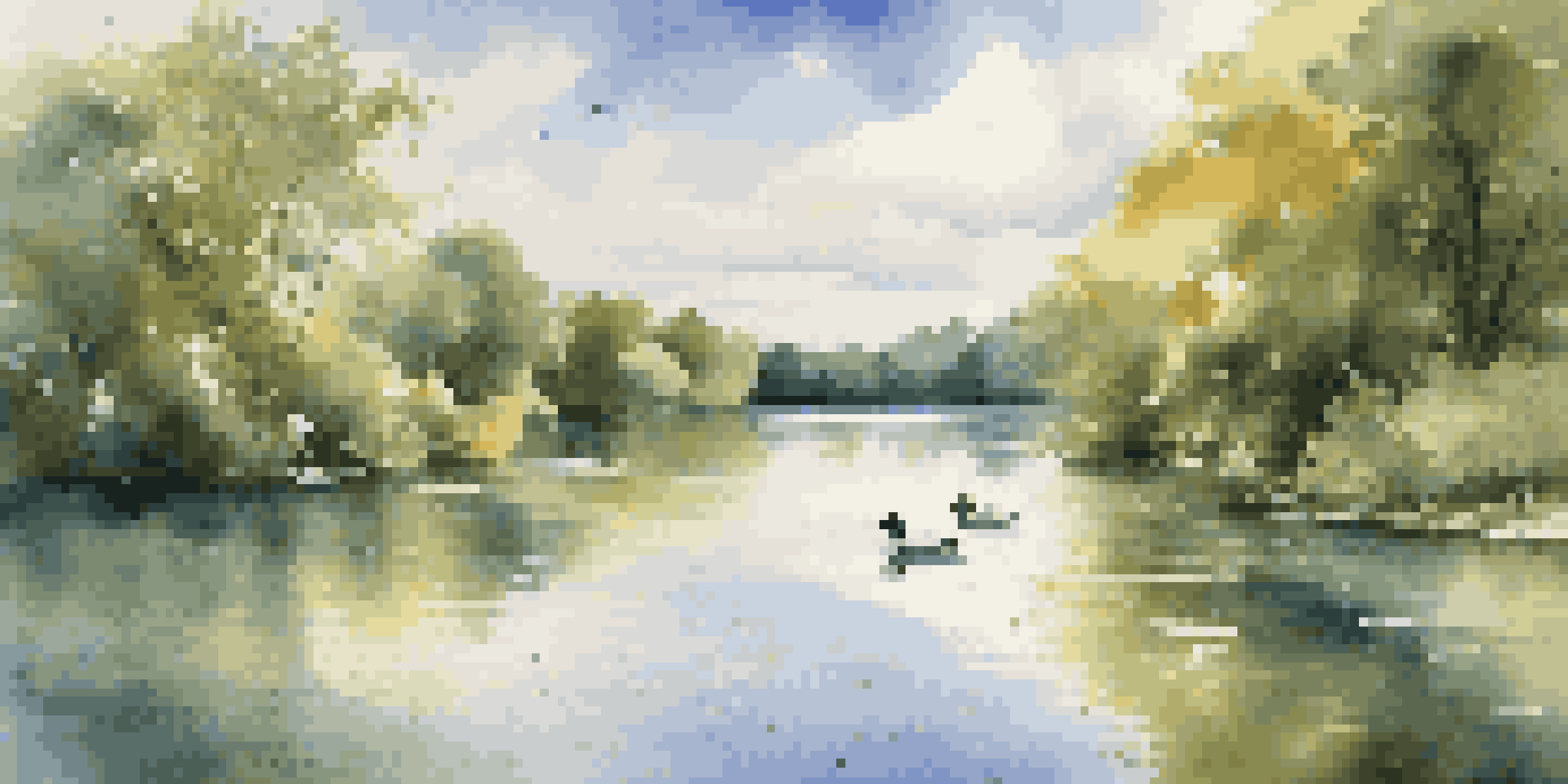 A peaceful lake scene with trees and ducks under a clear blue sky.