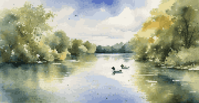 A peaceful lake scene with trees and ducks under a clear blue sky.
