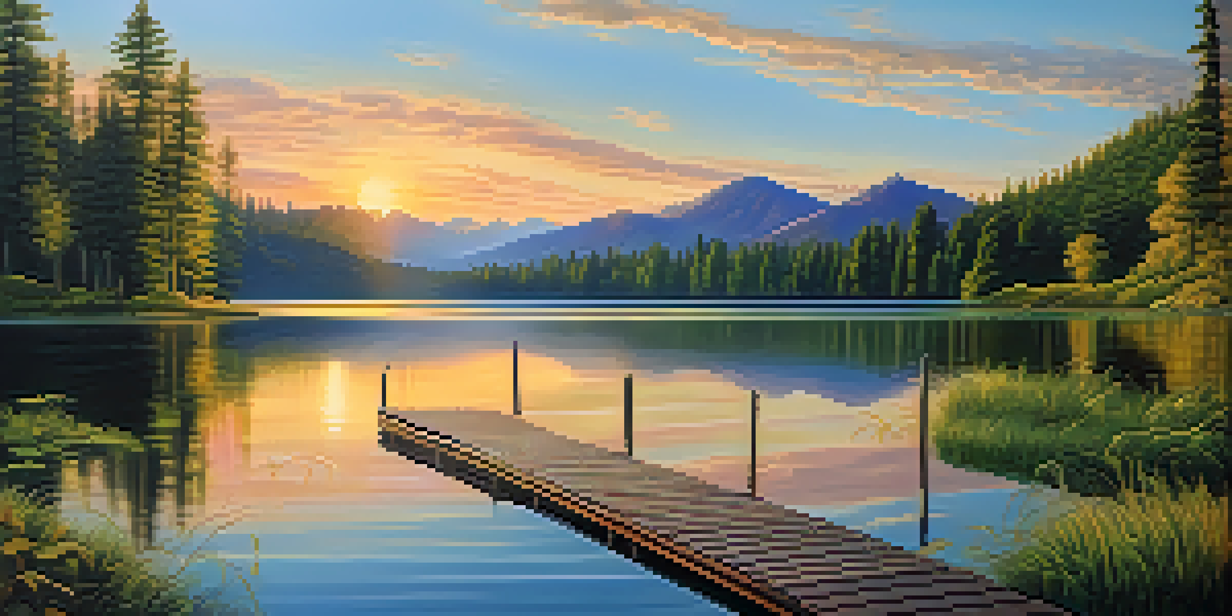 A peaceful lake scene with green forests and mountains at sunset, featuring a wooden dock extending into the water.