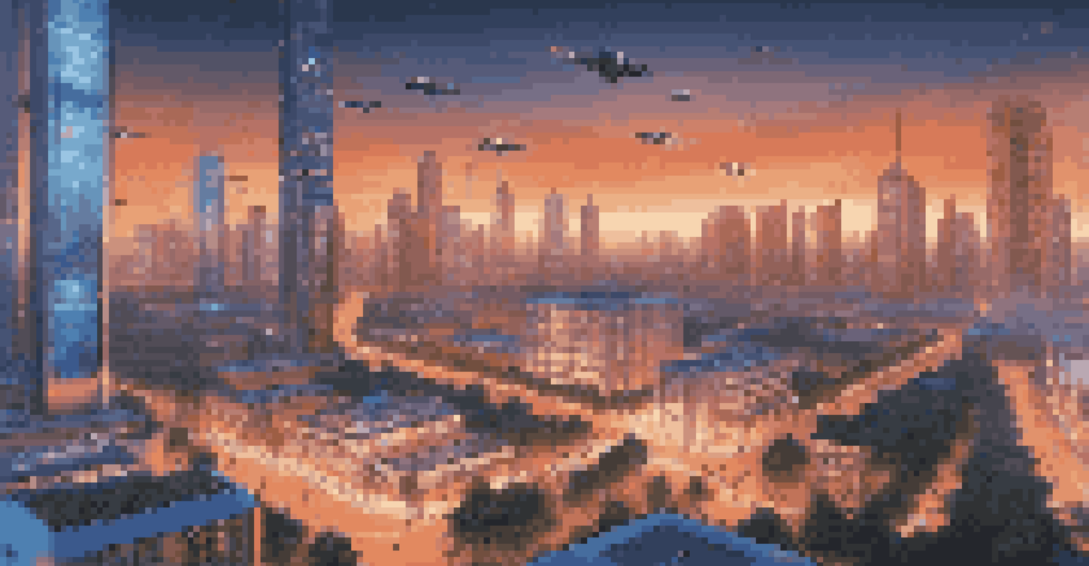 A futuristic cityscape at dusk with illuminated buildings showing digital twin technology and people interacting with augmented reality in a park.