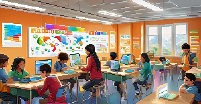 A lively classroom with students working together on gamified learning activities, displaying progress badges on the walls.
