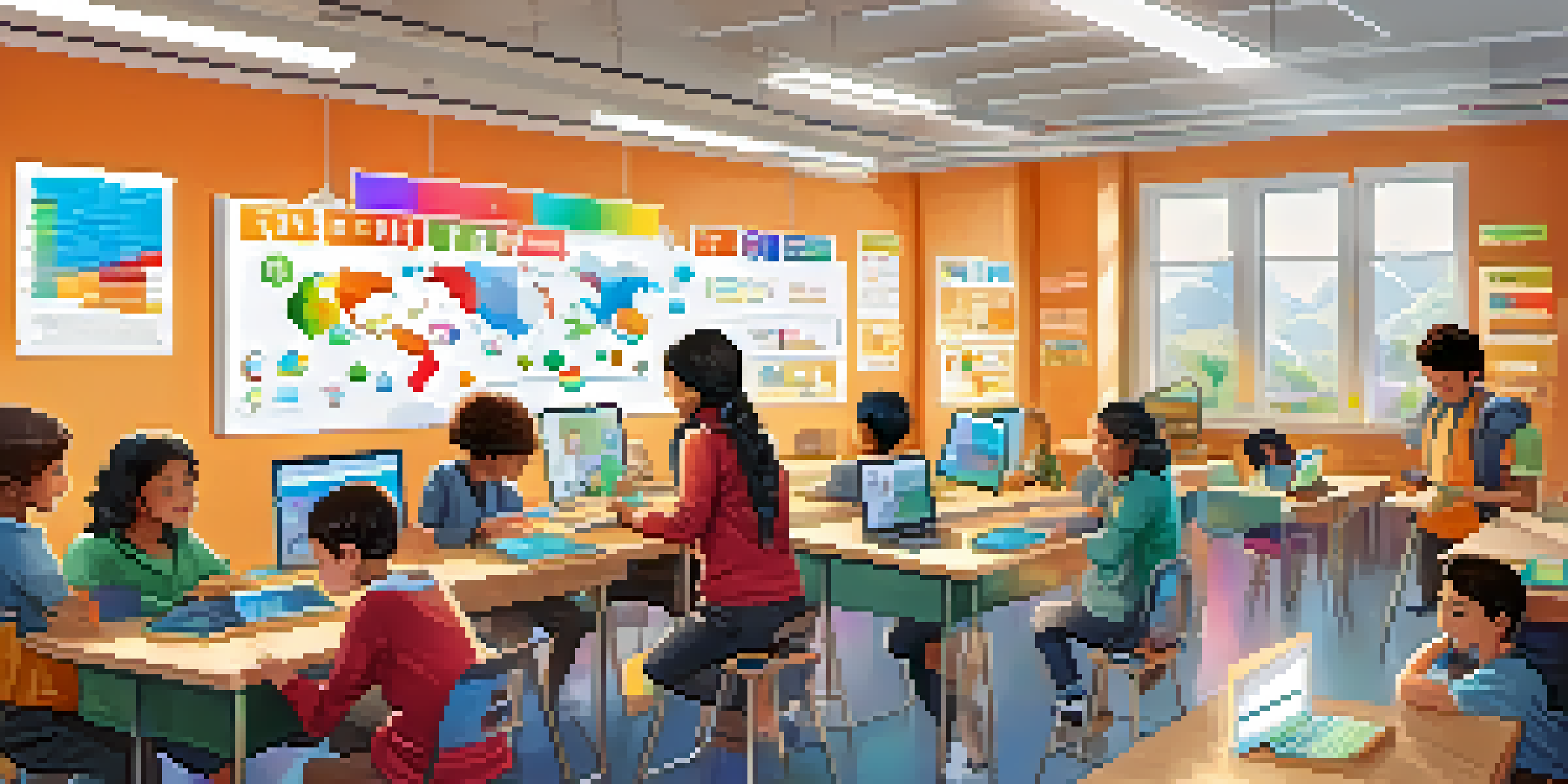 A lively classroom with students working together on gamified learning activities, displaying progress badges on the walls.