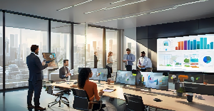 A group of diverse professionals in a modern office engaged in a video conference, with charts and graphs displayed on a screen.