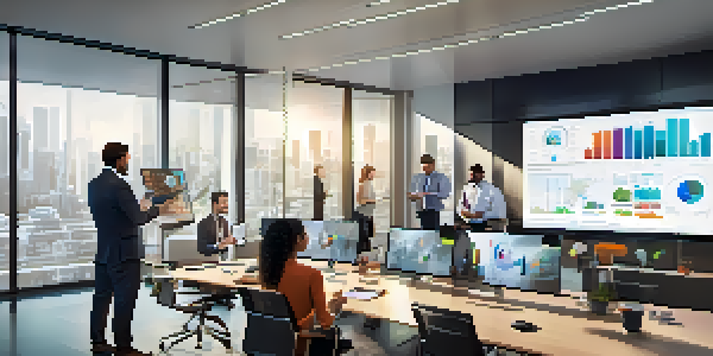 A group of diverse professionals in a modern office engaged in a video conference, with charts and graphs displayed on a screen.