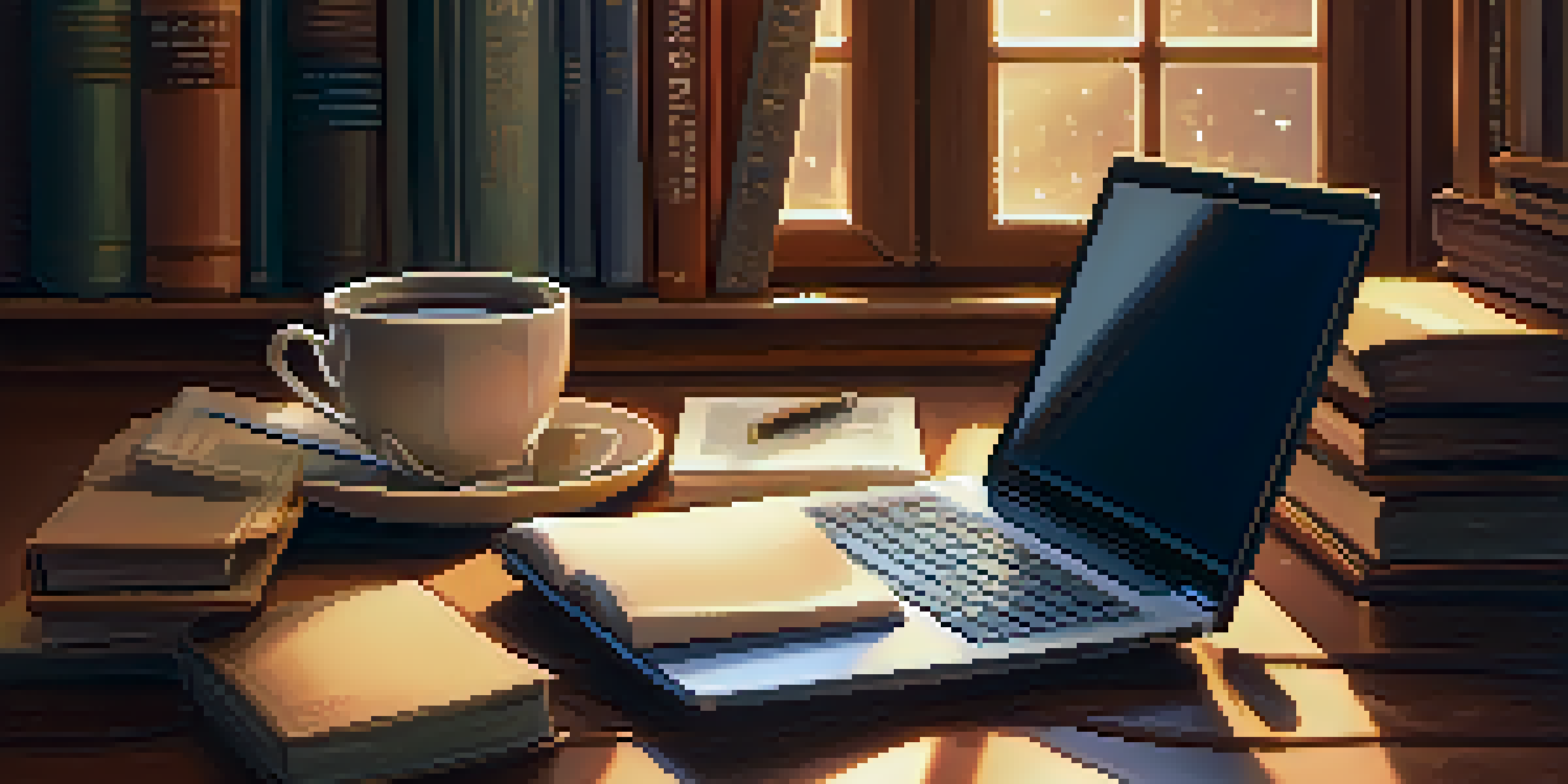 A close-up of a person working on a laptop with books and coffee, highlighting knowledge sharing.