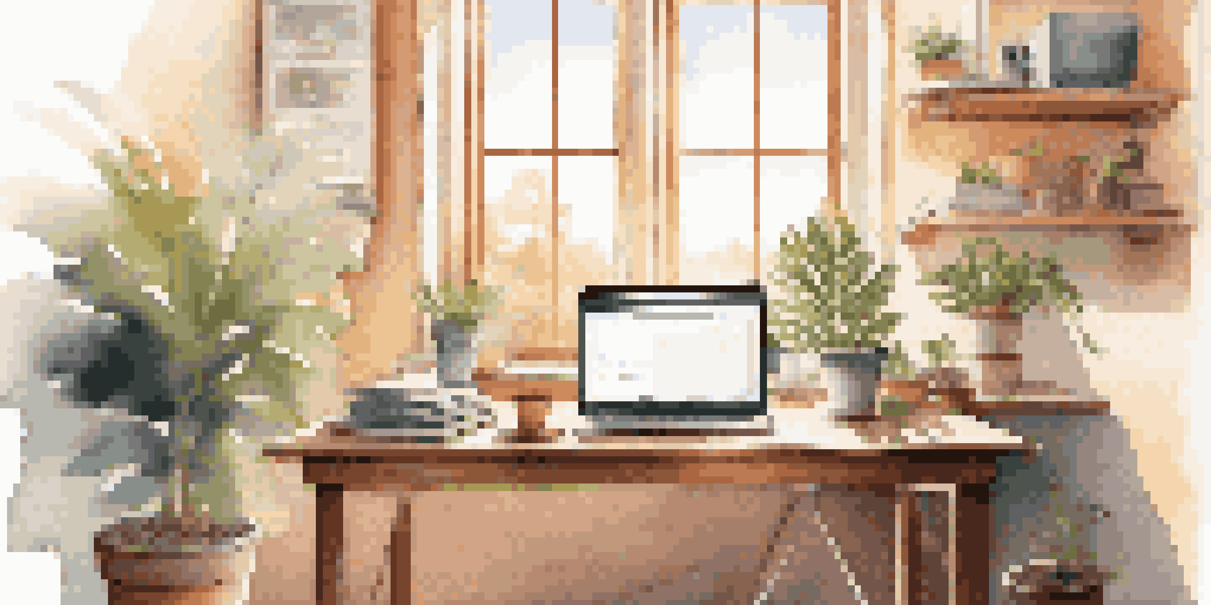 A modern desk with a laptop showing an affiliate marketing dashboard, bright sunlight, a potted plant, and a cup of coffee.