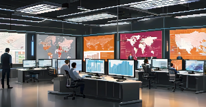 A control room with professionals collaborating around screens showing real-time supply chain data and analytics.