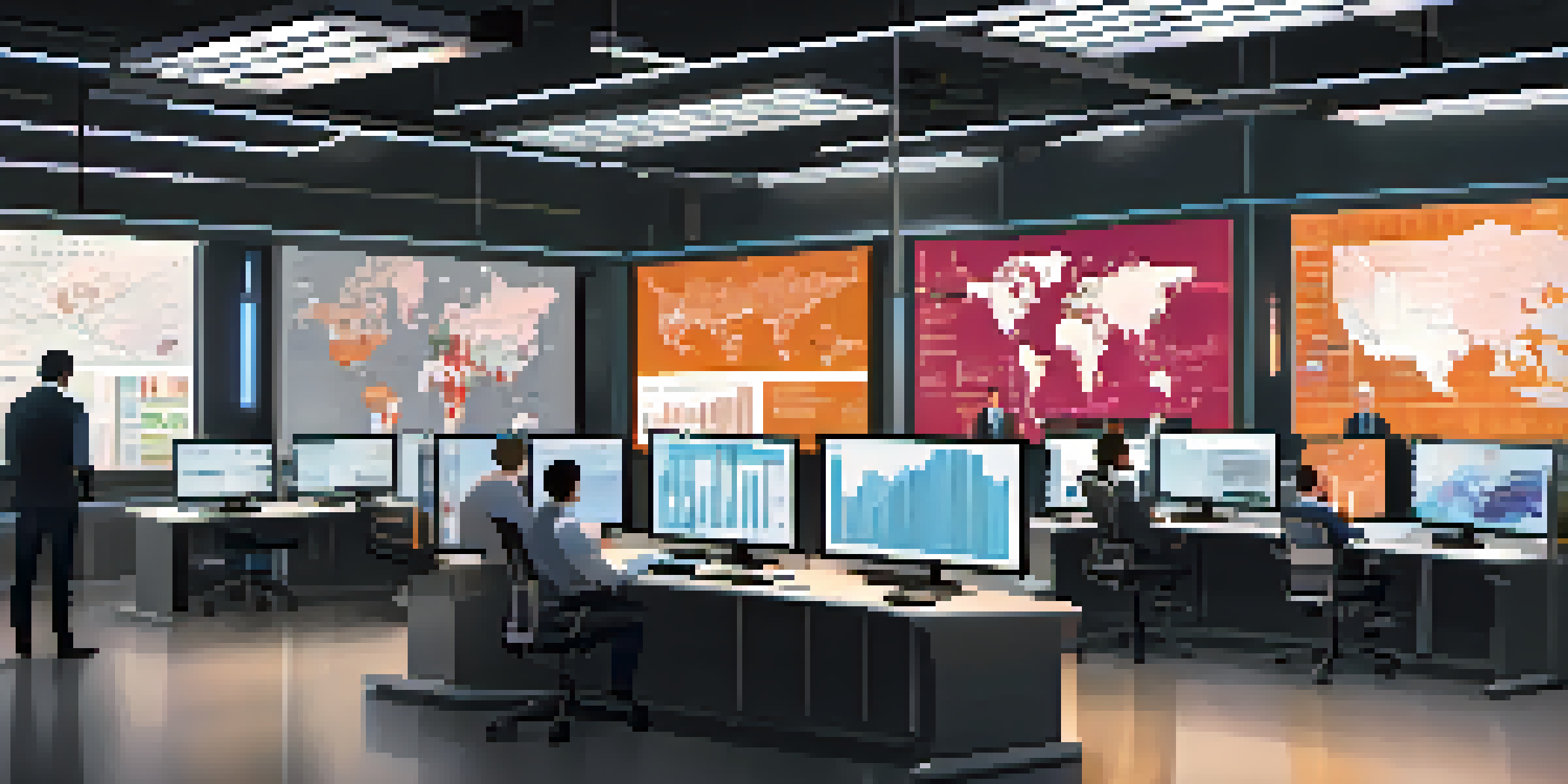 A control room with professionals collaborating around screens showing real-time supply chain data and analytics.