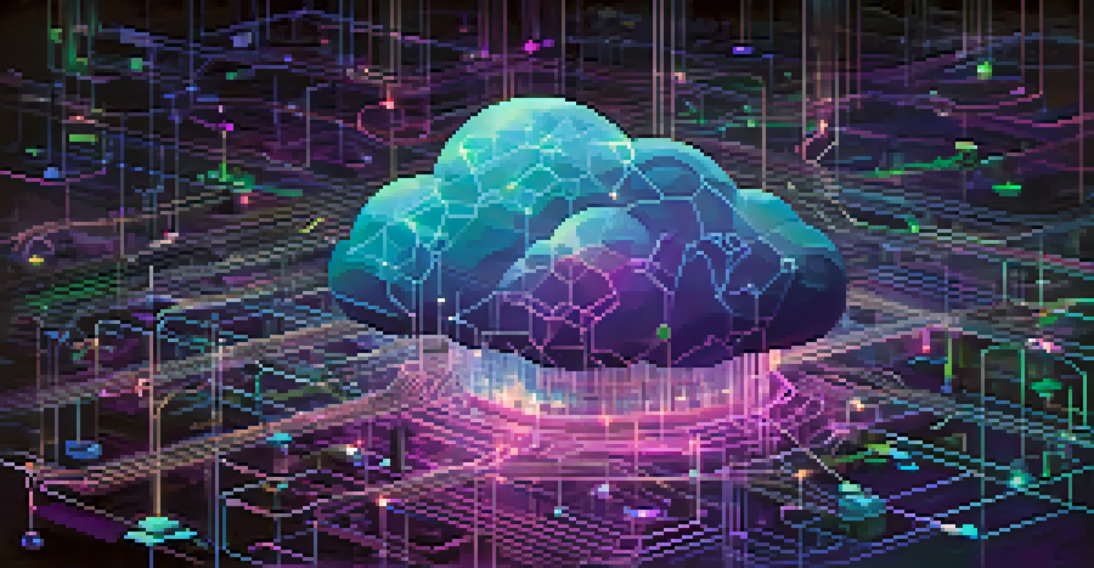 An abstract digital cloud with glowing network connections and locks, representing AI in cloud security, with a dark background and vibrant colors.