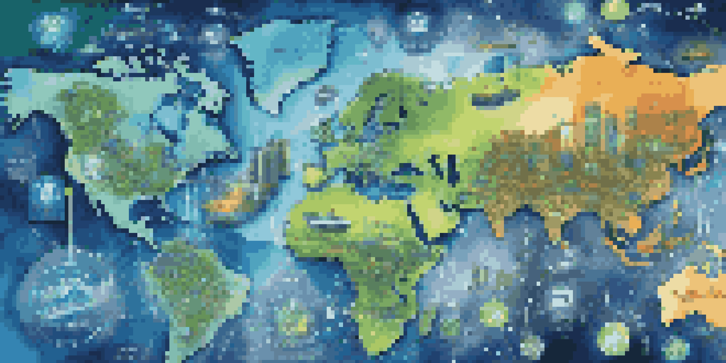 An illustration of a global digital supply chain, with a world map and icons for different industries, connected by digital lines.