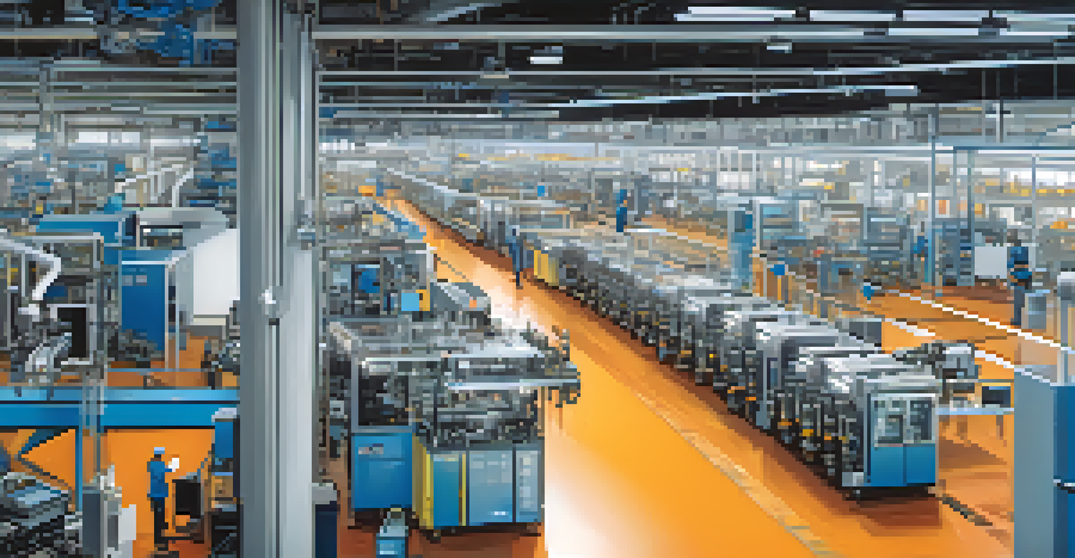 An industrial factory floor where AI sensors monitor machinery on a production line.