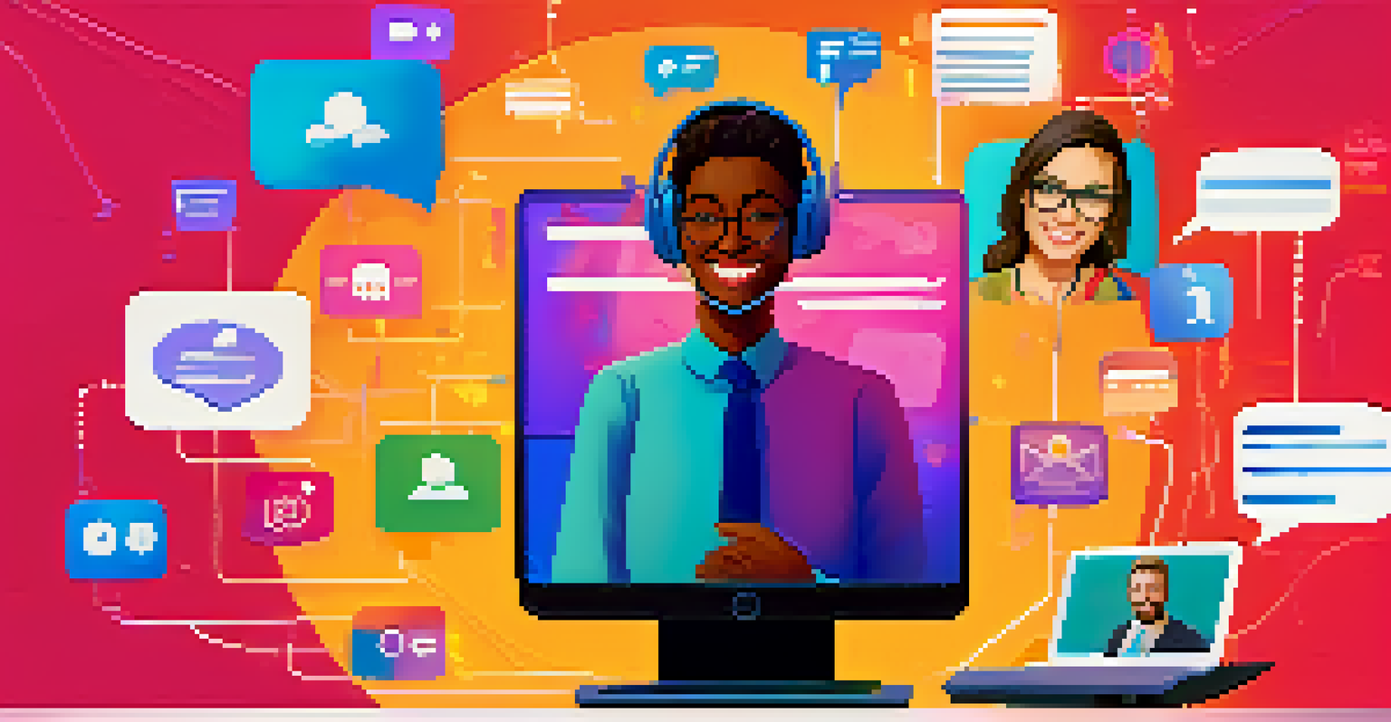 A support representative on a video call with a customer, set against a colorful background of digital communication icons, smiling and engaging.