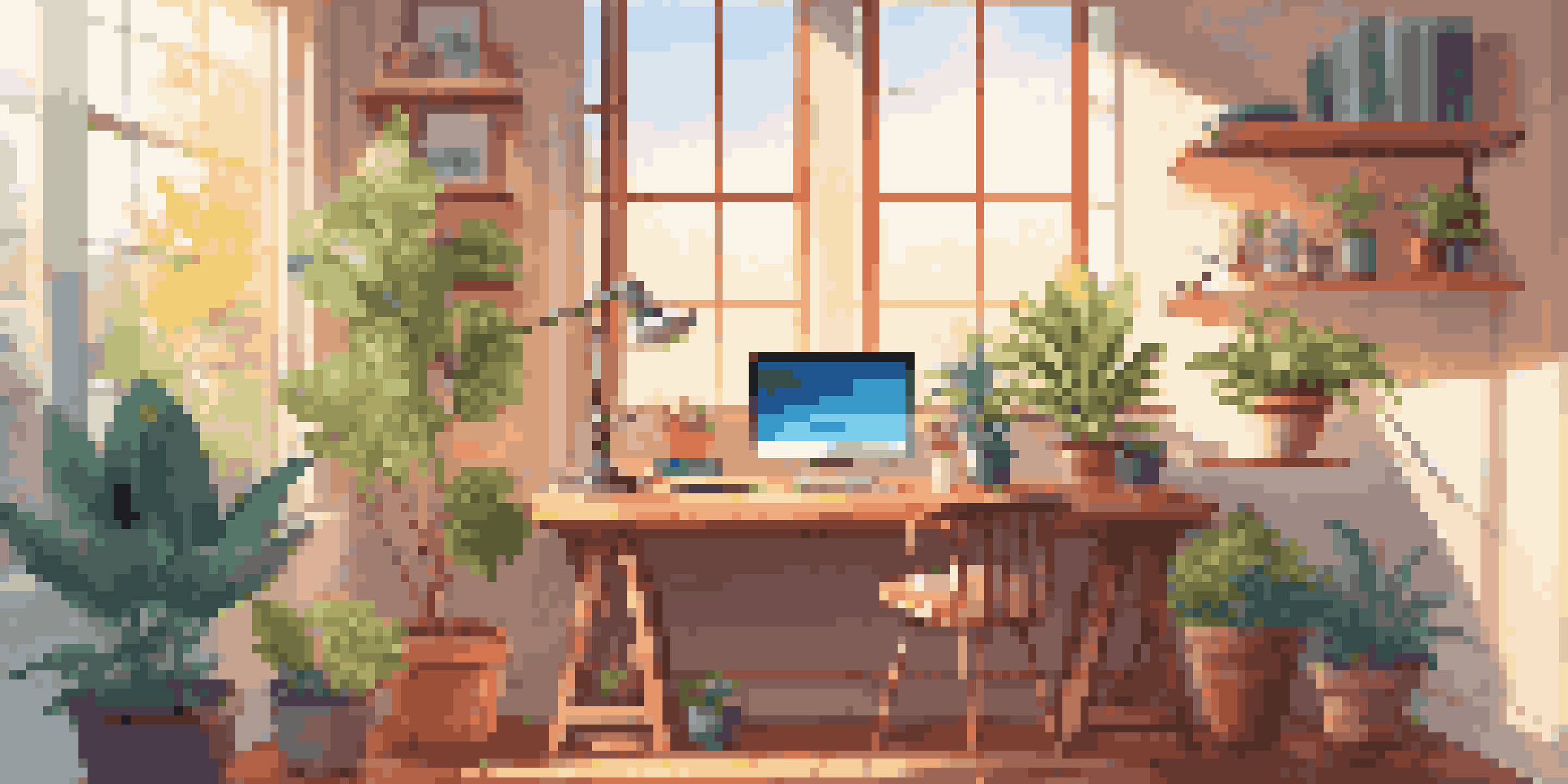 A bright and organized digital workspace with a computer, potted plants, and stationery, illuminated by sunlight.
