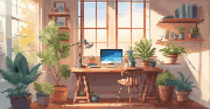 A bright and organized digital workspace with a computer, potted plants, and stationery, illuminated by sunlight.