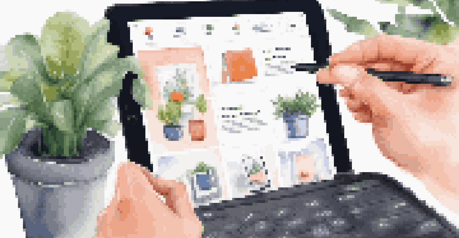 A close-up of a hand using a tablet to navigate an e-commerce platform for digital products, set against a blurred creative office background.
