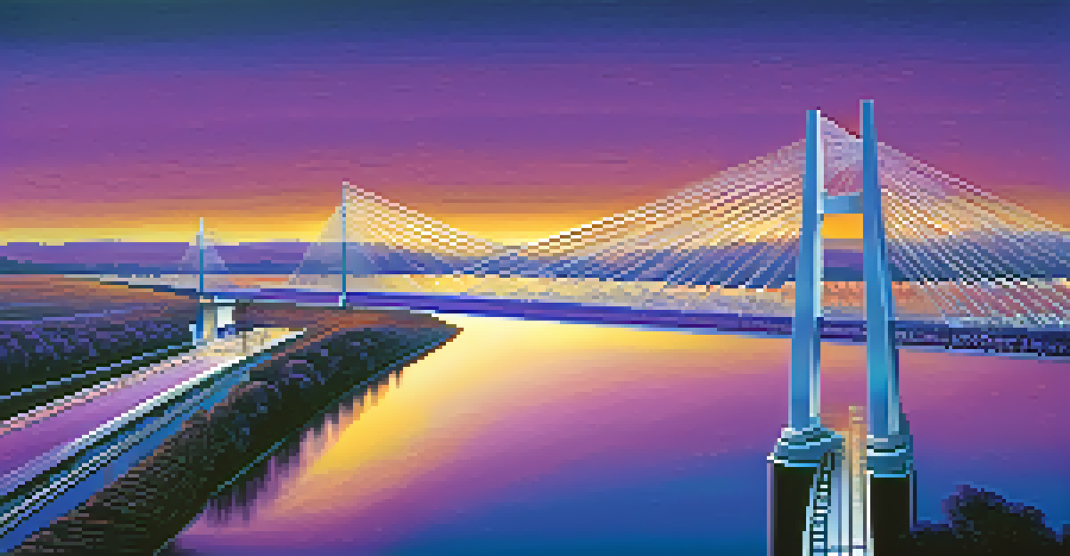 An abstract bridge made of binary code connecting traditional machinery to modern technology, with a colorful sky.