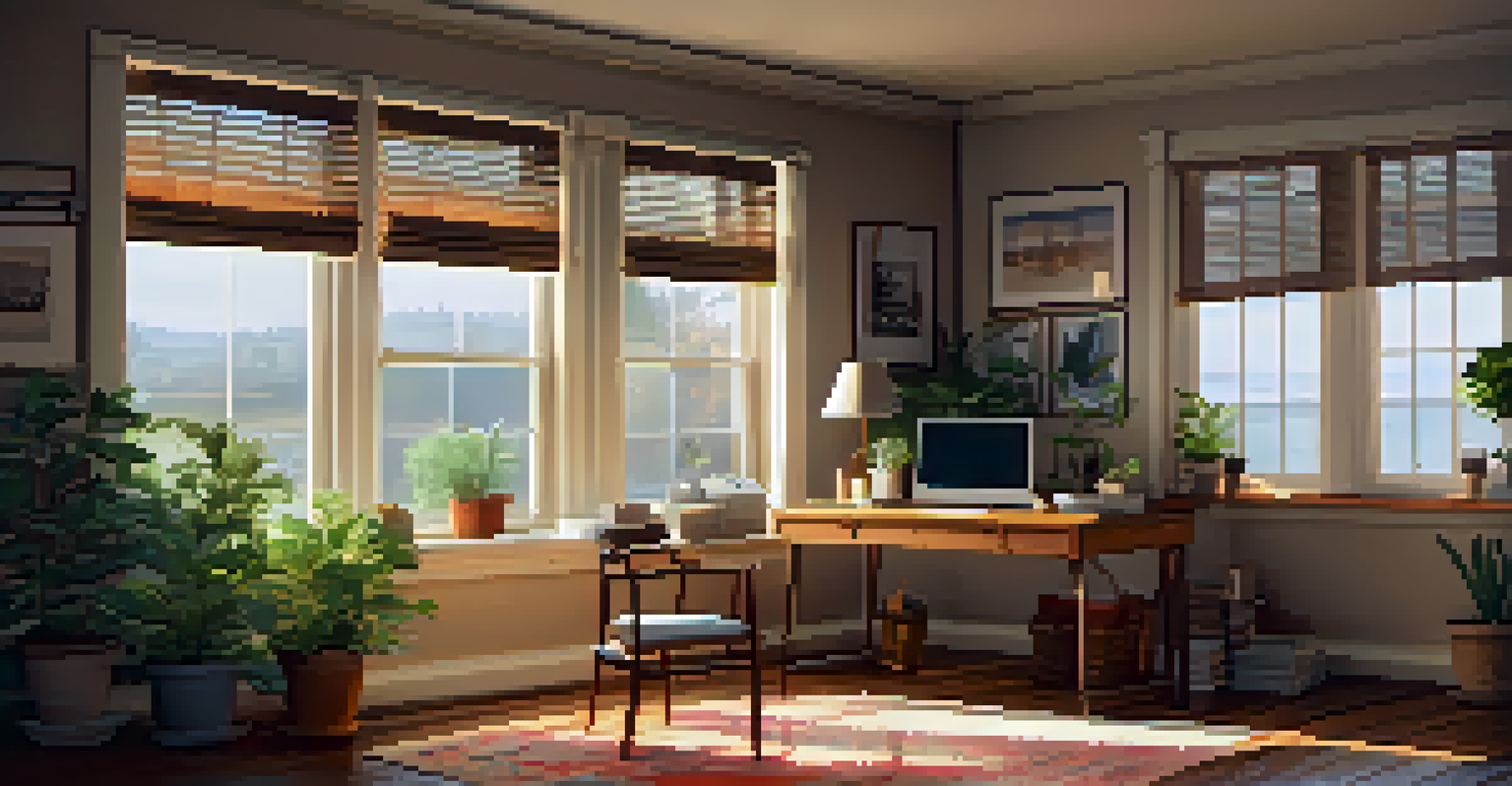 A warm and inviting indoor workspace with a desk, laptop, and coffee, illuminated by natural light from a window.