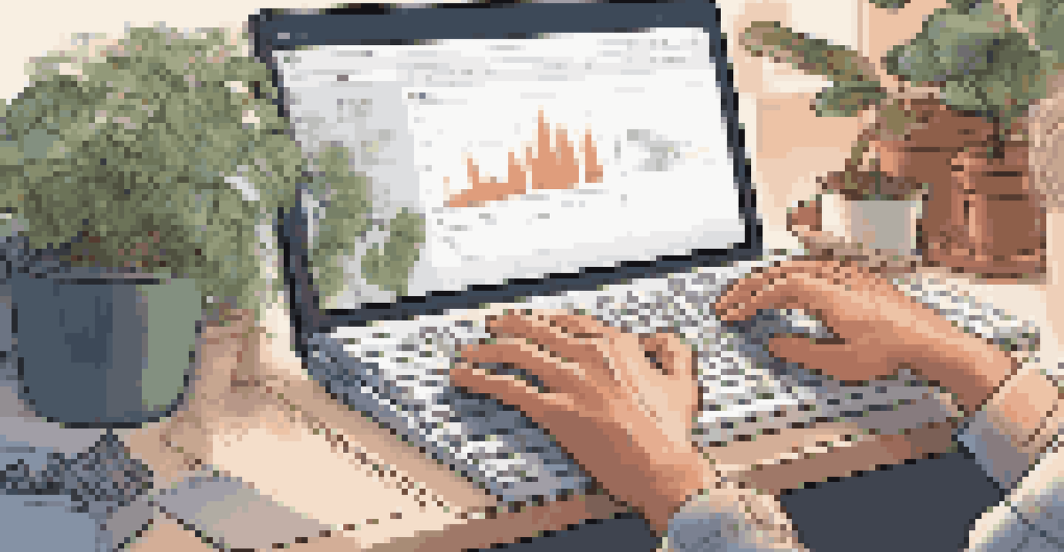 Close-up of hands typing on a keyboard, with a blurred screen showing automated workflows in a cozy workspace.