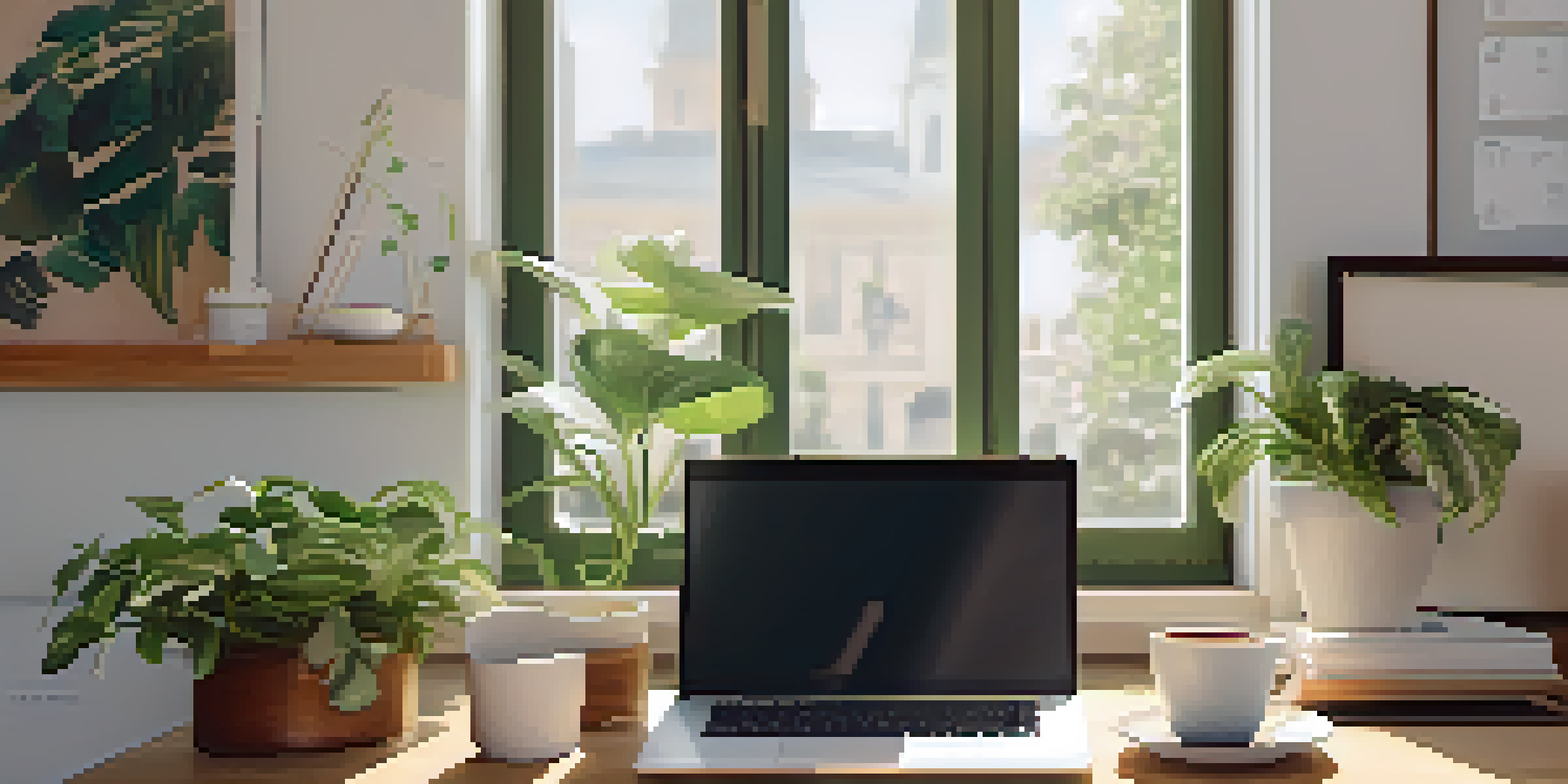 A bright and modern office desk with a laptop, charts, and a coffee cup, bathed in natural light from a window.