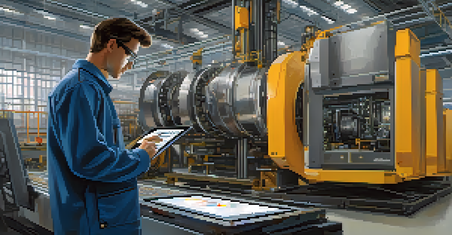 An engineer using a tablet to monitor data on an industrial machine in a factory, highlighting predictive maintenance.