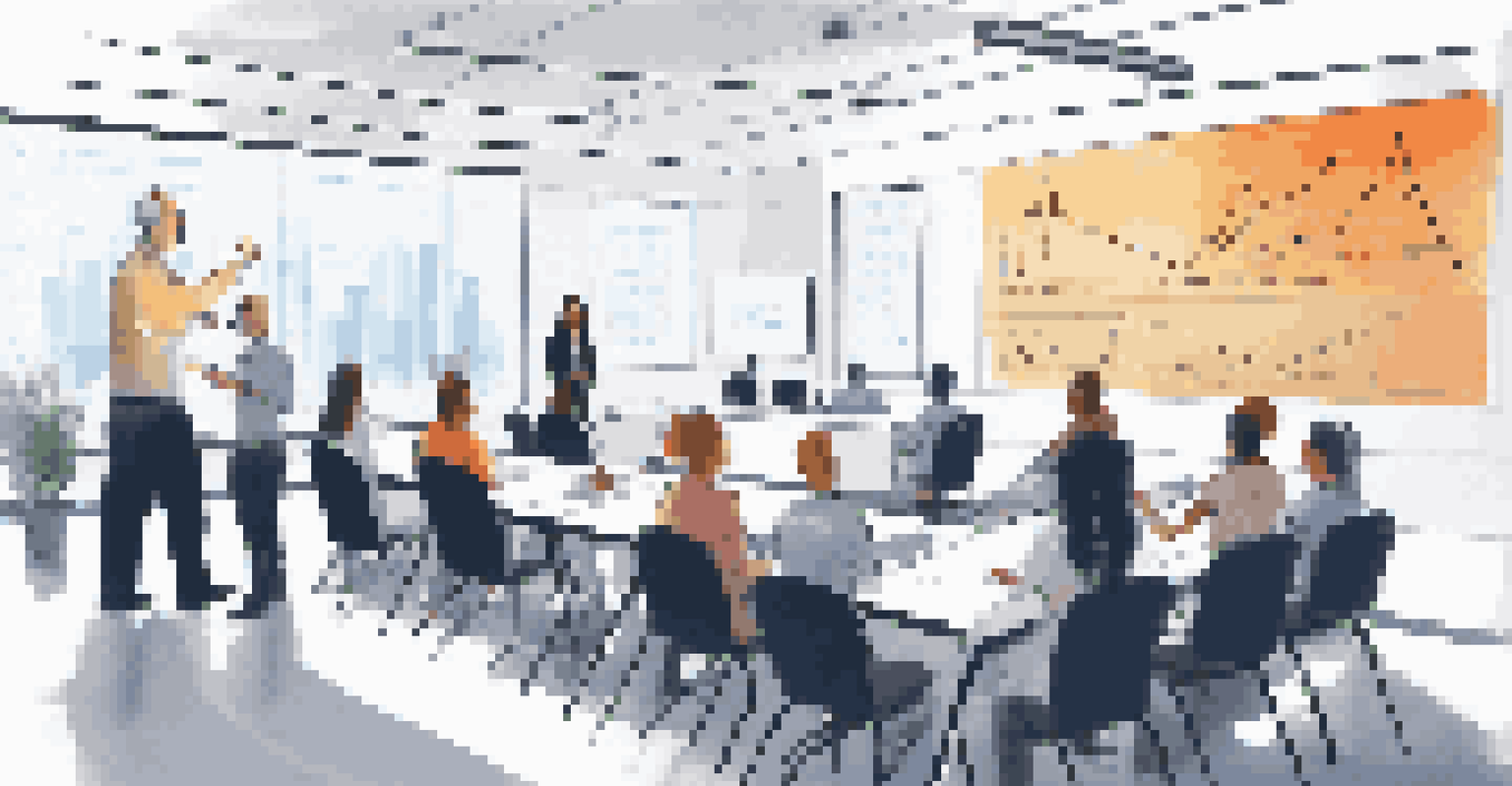 An instructor leading a training session on data analytics in a bright conference room with engaged participants.