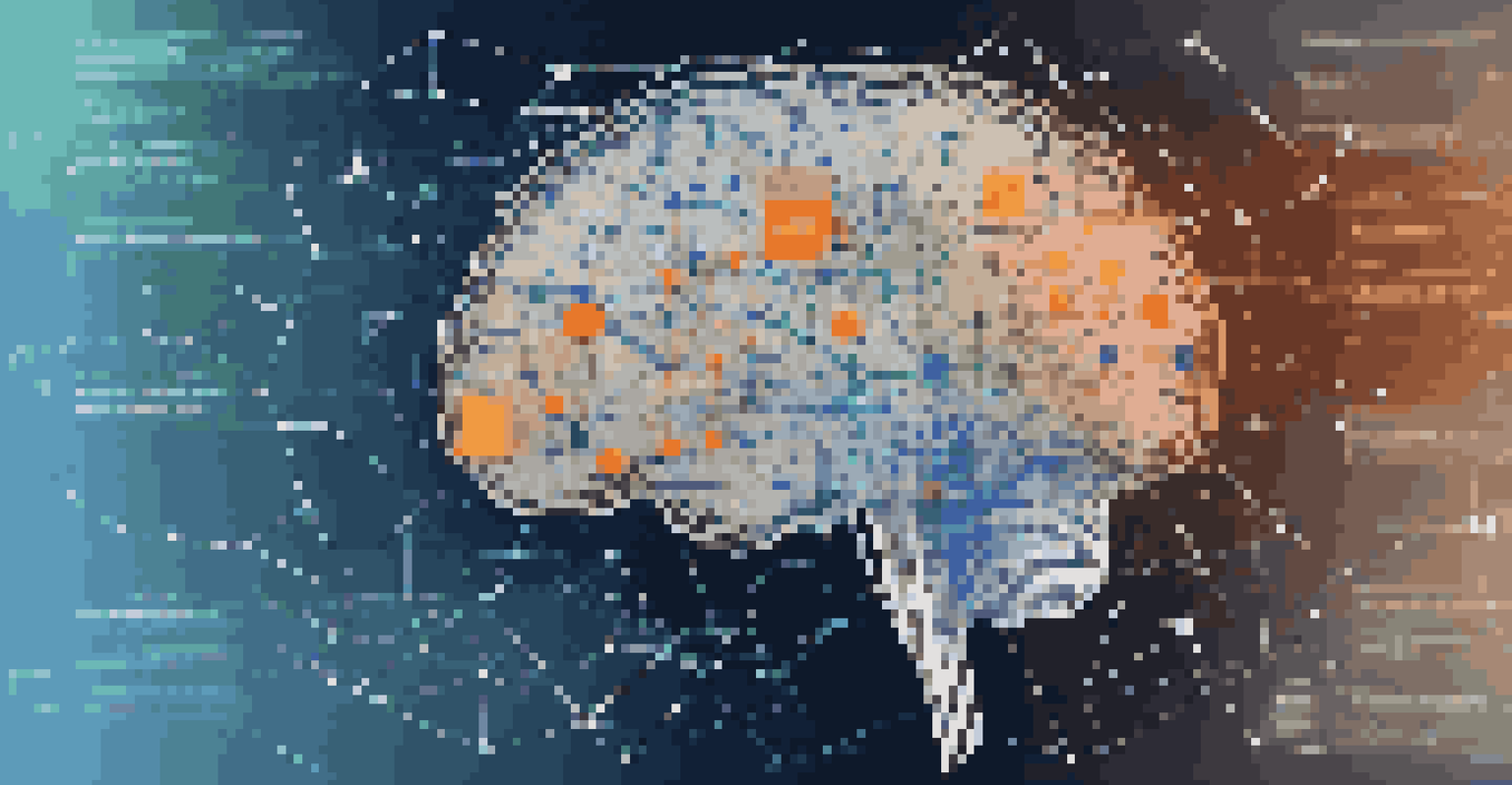 An abstract digital representation of NLP with a brain made of lines, surrounded by icons of news and multilingual text.