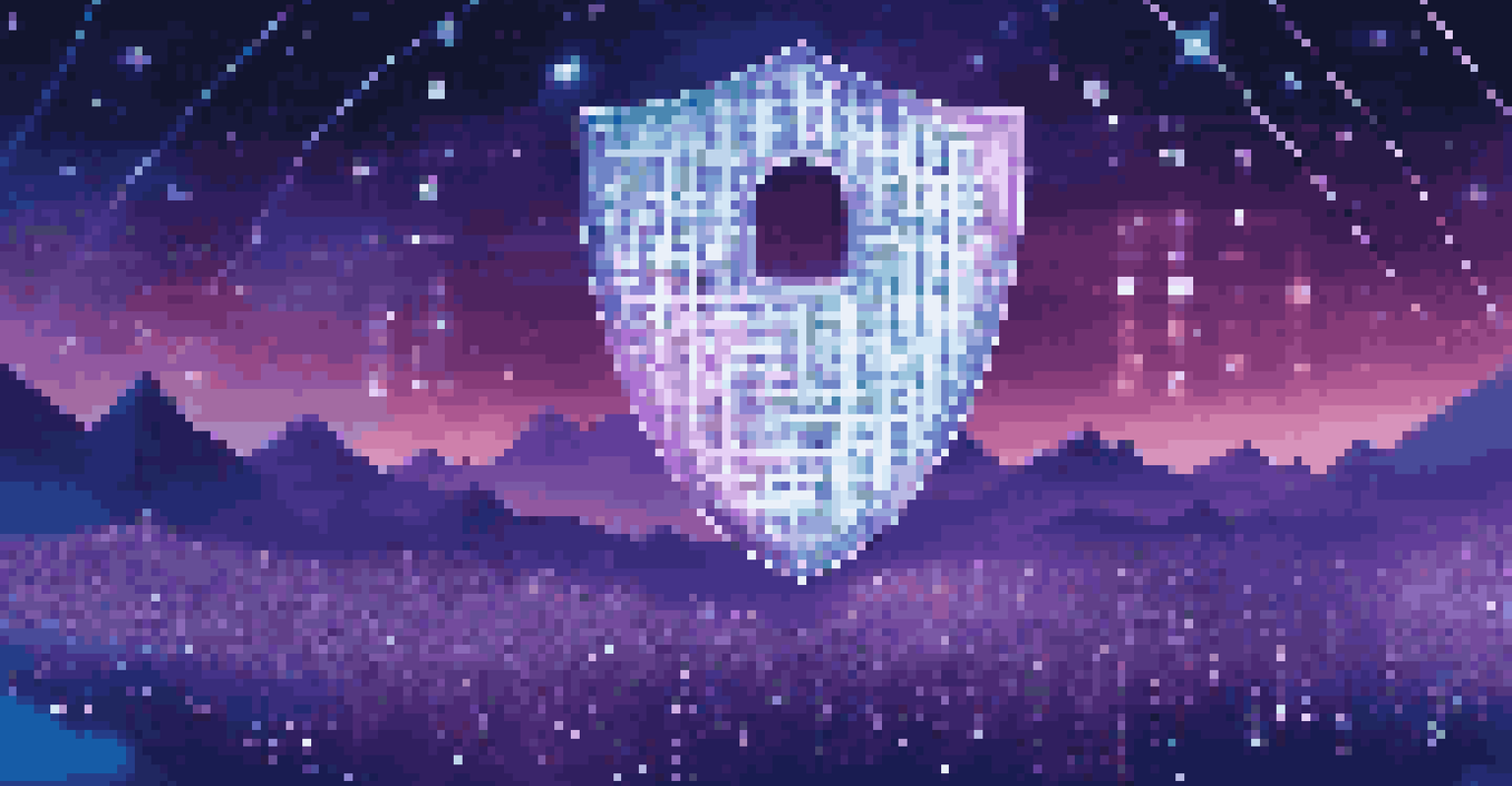 A digital landscape with a glowing shield made of binary code, surrounded by icons of personal data against a starry night sky.