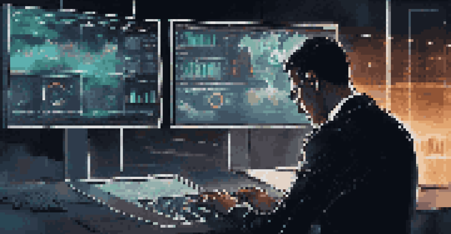 An IT professional intensely monitoring real-time data analytics on multiple glowing screens.